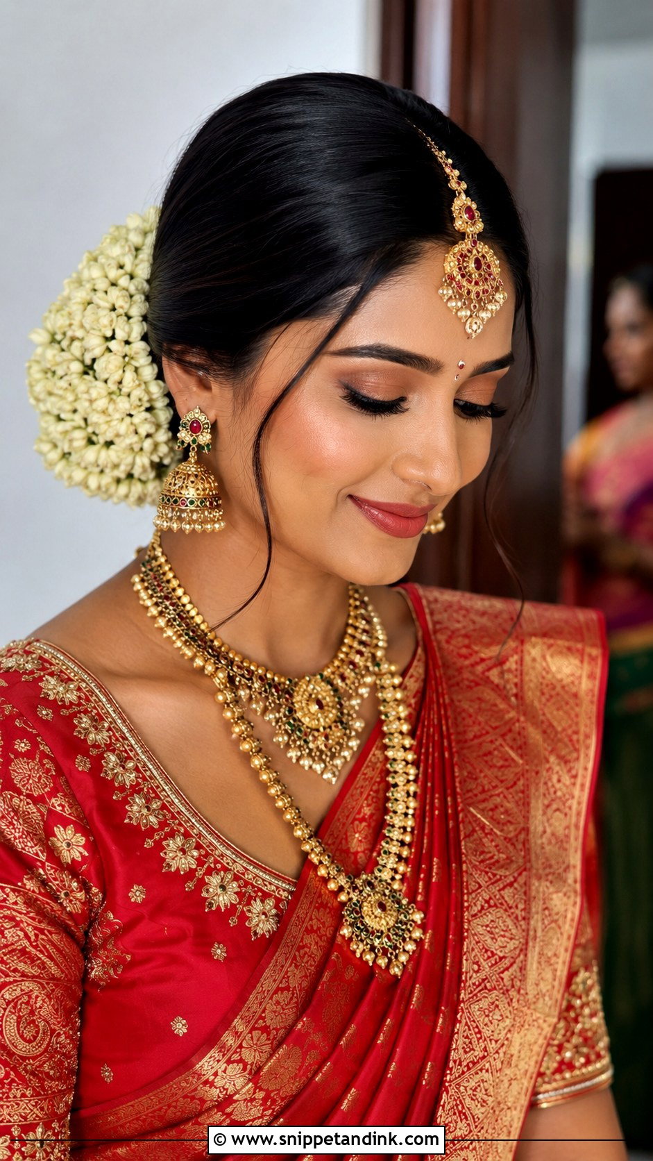 Low Bun With Front Maang Tikka Styling - Snippet and Ink - 25 Indian Bridal Front Hairstyles