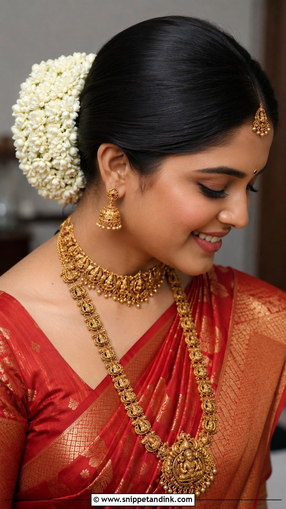 Low Bun With Gajra For Indian Bride - Snippet and Ink - 25 Indian Front Look Bridal Bun Hairstyles