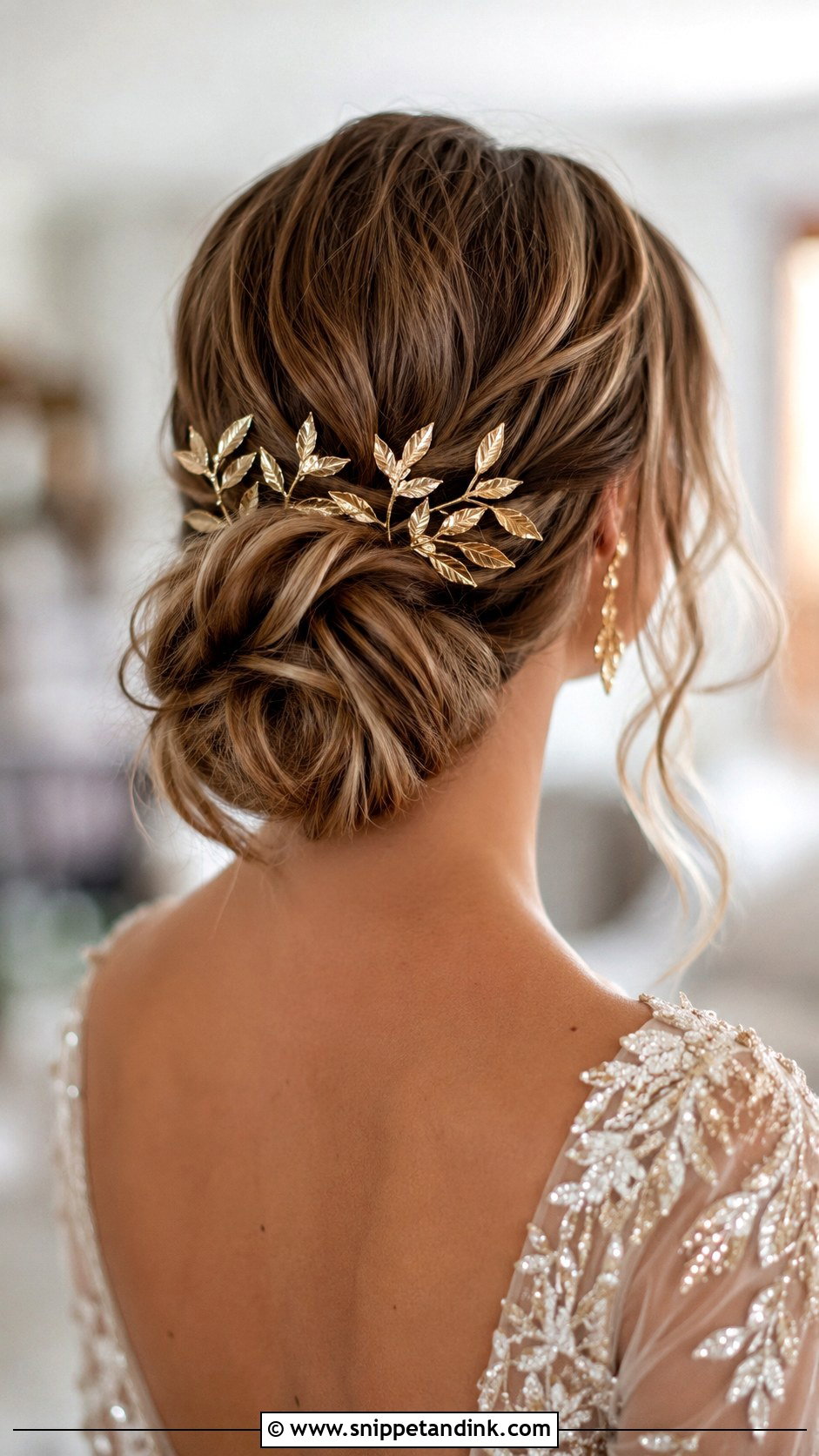 Low Bun With Gold Accessories - Snippet and Ink - 30 Low Updo Wedding Hair Ideas