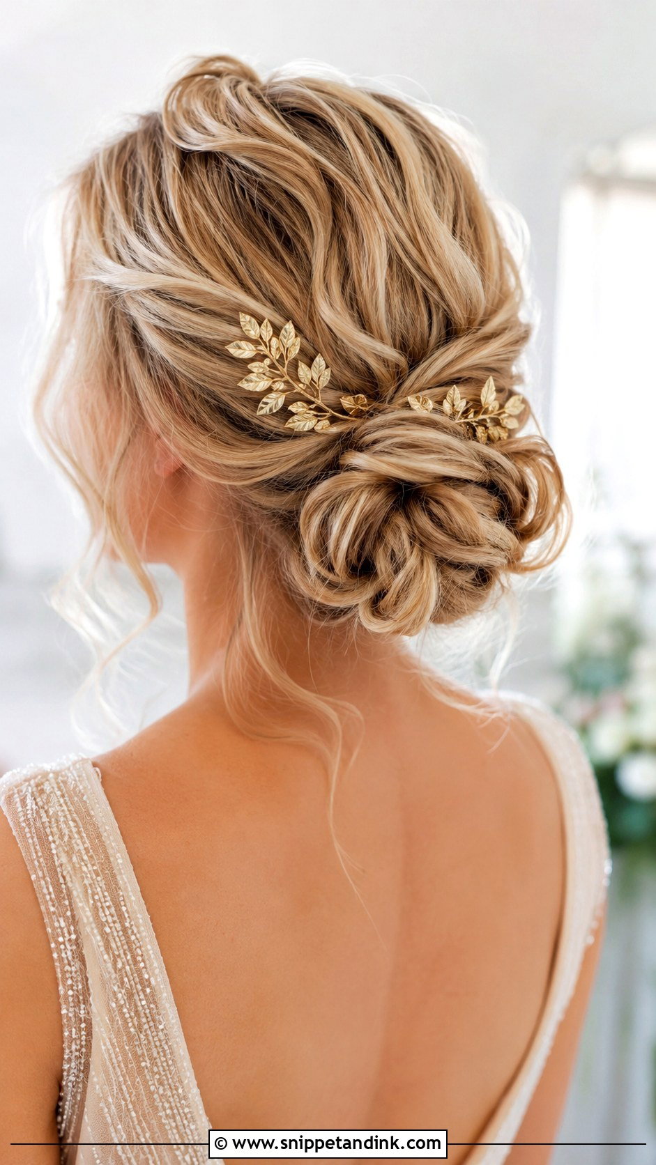 Low Bun With Gold Accessories - Snippet and Ink - 35 Low Bun Wedding Hair Ideas