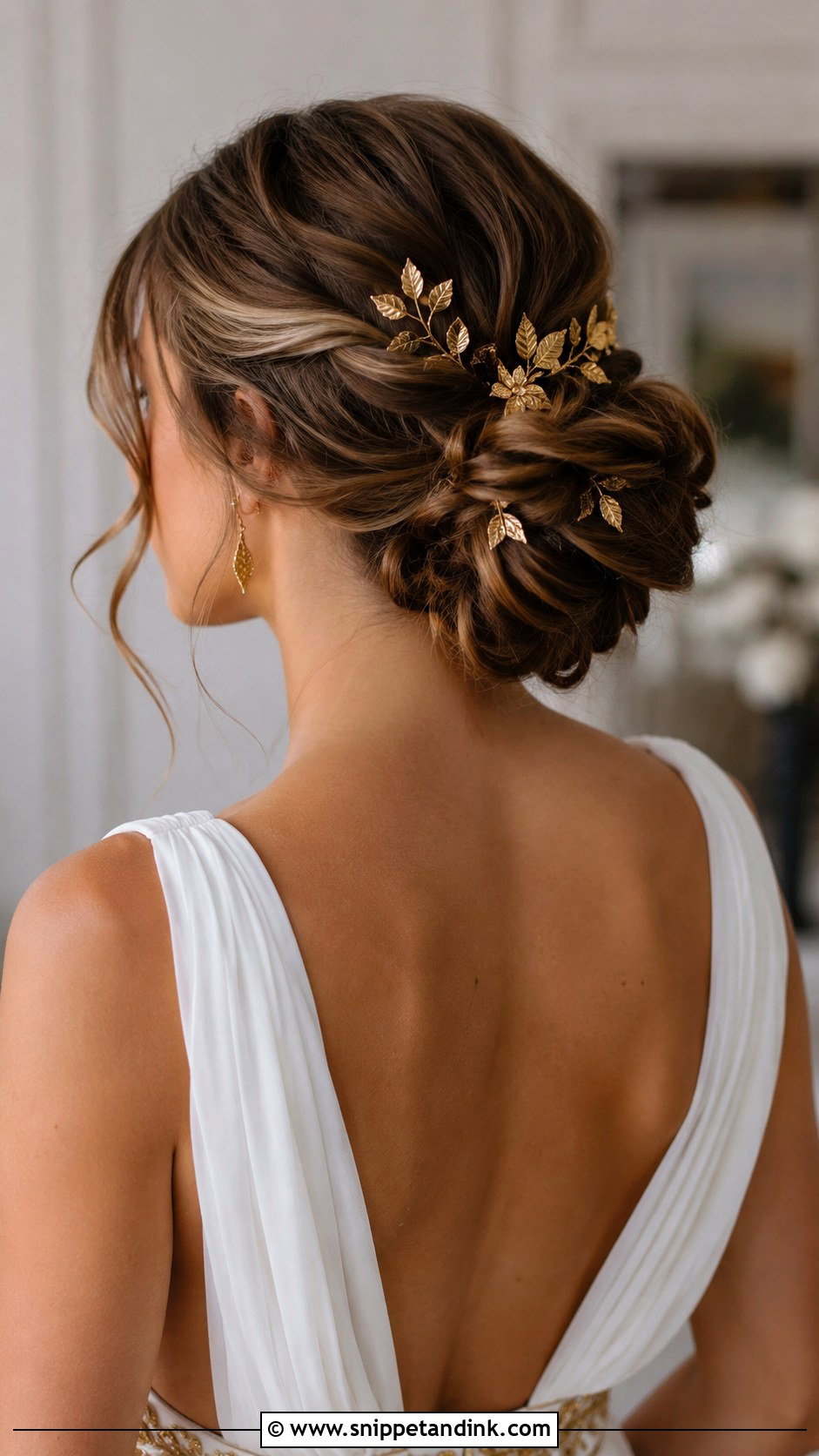 Low Bun With Gold Accessories - Snippet and Ink - 30 Low Bun Bridal Hair Ideas