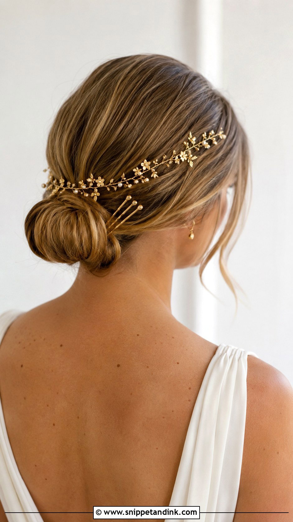 Low Bun With Gold Hair Accessories - Snippet and Ink - 20 Low Up Do Wedding Hair Ideas