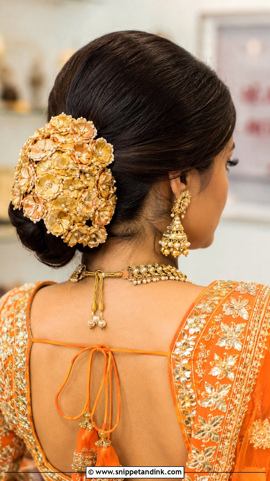 Low Bun With Gota Patti Flowers - Snippet and Ink - 30 Indian Bridal Dulhan Hairstyles
