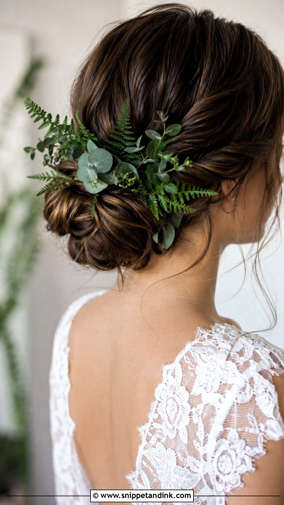 Low Bun With Greenery - Snippet and Ink - 25 Low Bun Hairstyles Wedding