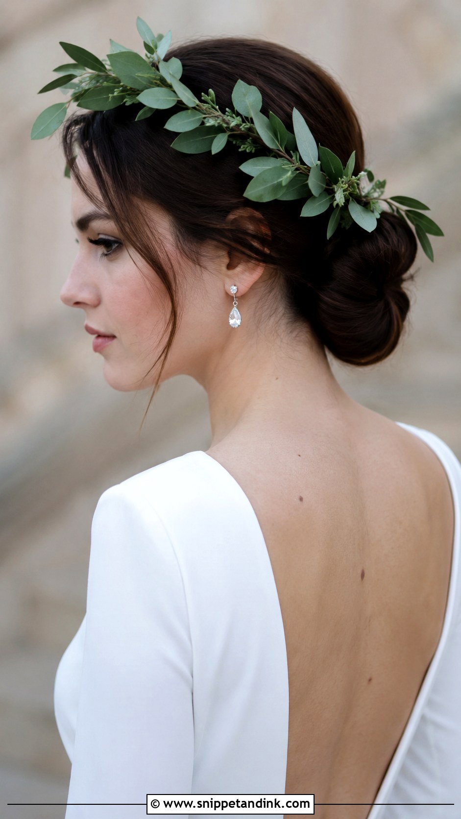 Low Bun With Greenery Flower Crown - Snippet and Ink - 20 Wedding Hair with Flower Crown Ideas