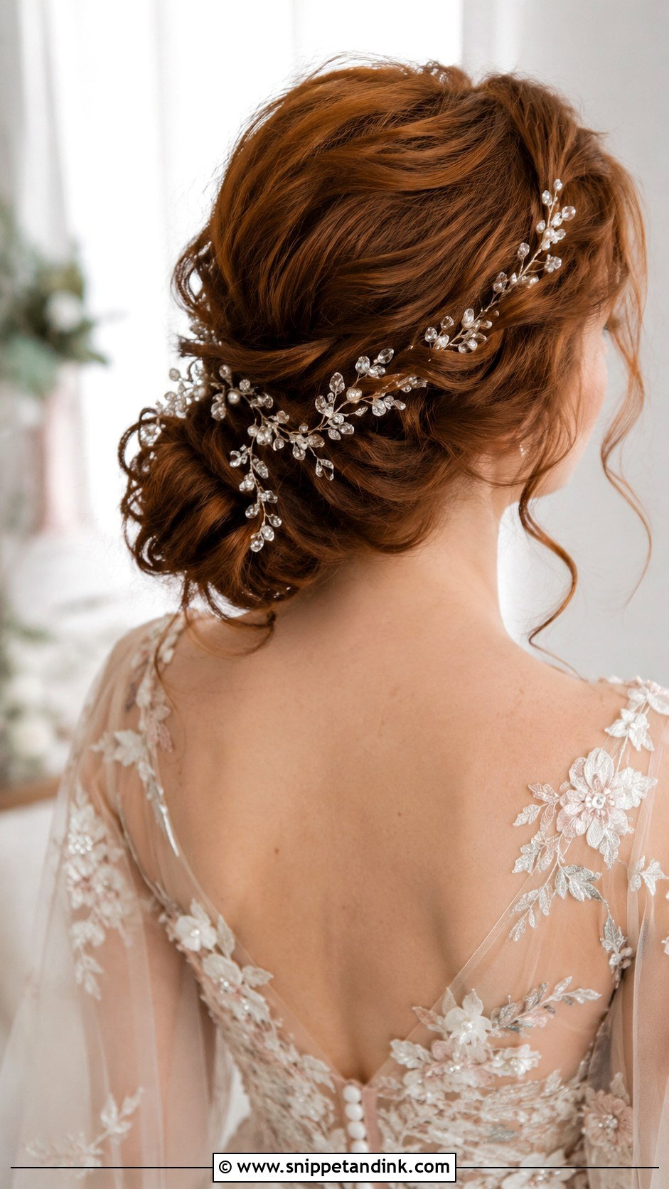 Low Bun With Hair Vine - Snippet and Ink - 25 Low Bridal Bun Ideas