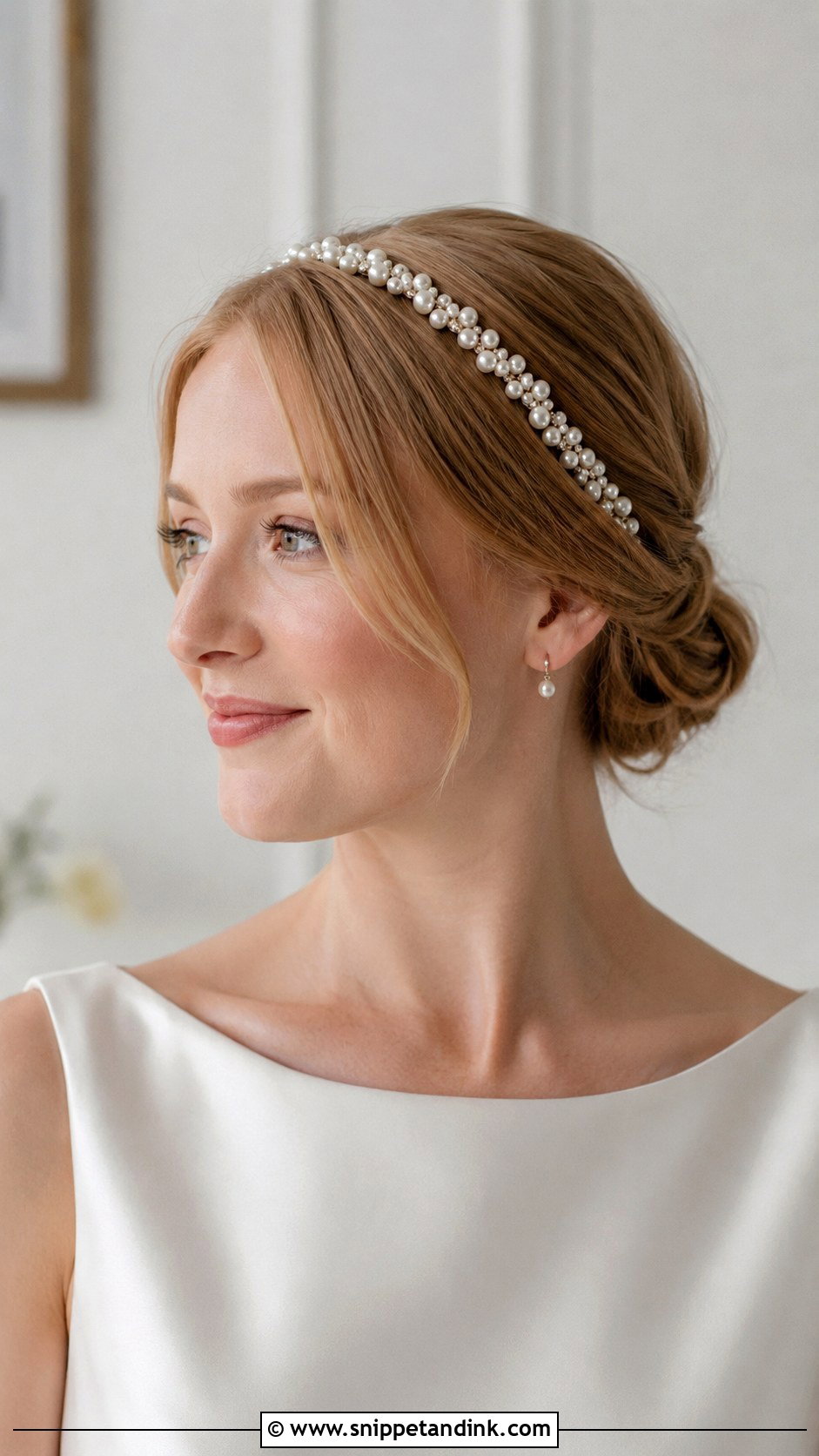 Low Bun With Headband For Short Wedding Hair - Snippet and Ink - 15 Low Bun Short Wedding Hair Ideas