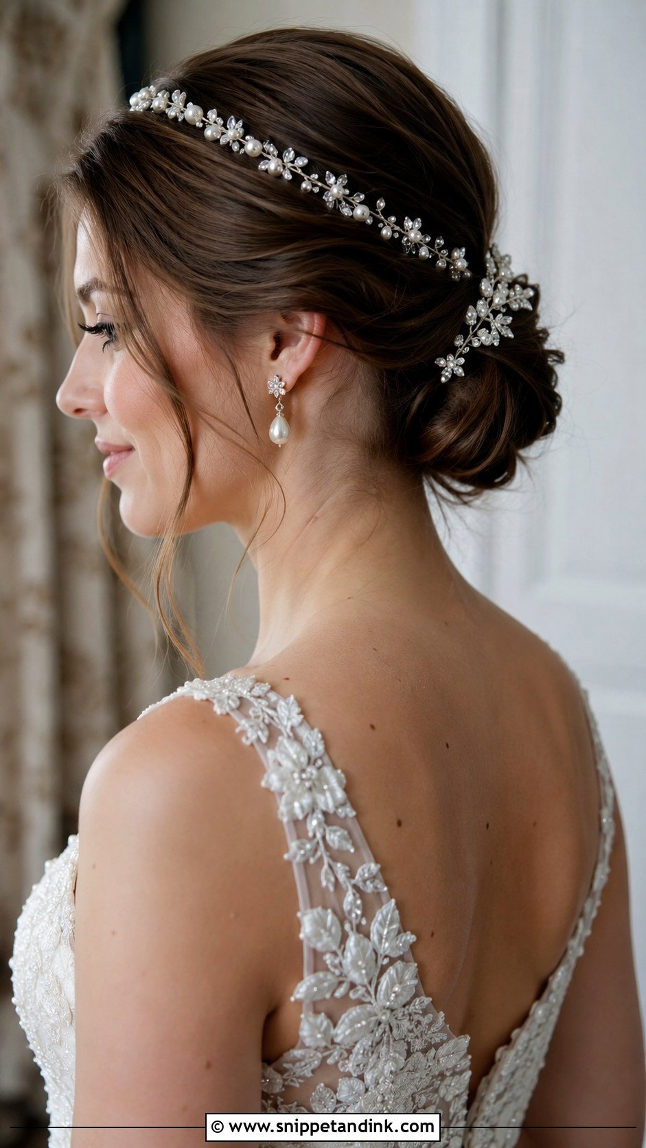 Low Bun With Headband or Hairpiece - Snippet and Ink - 20 Low Bridal Updo Ideas