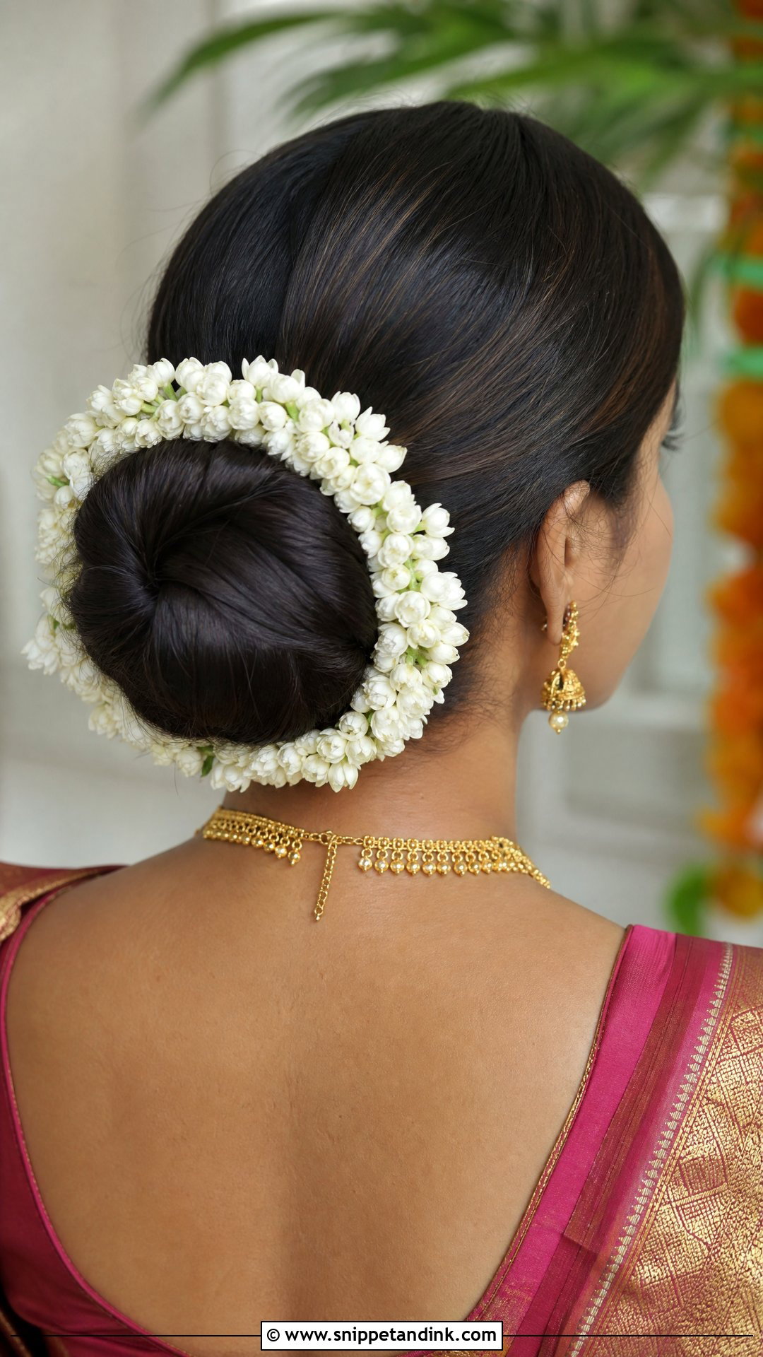 Low Bun With Jasmine Gajra - Snippet and Ink - 20 Hair Gajra Ideas