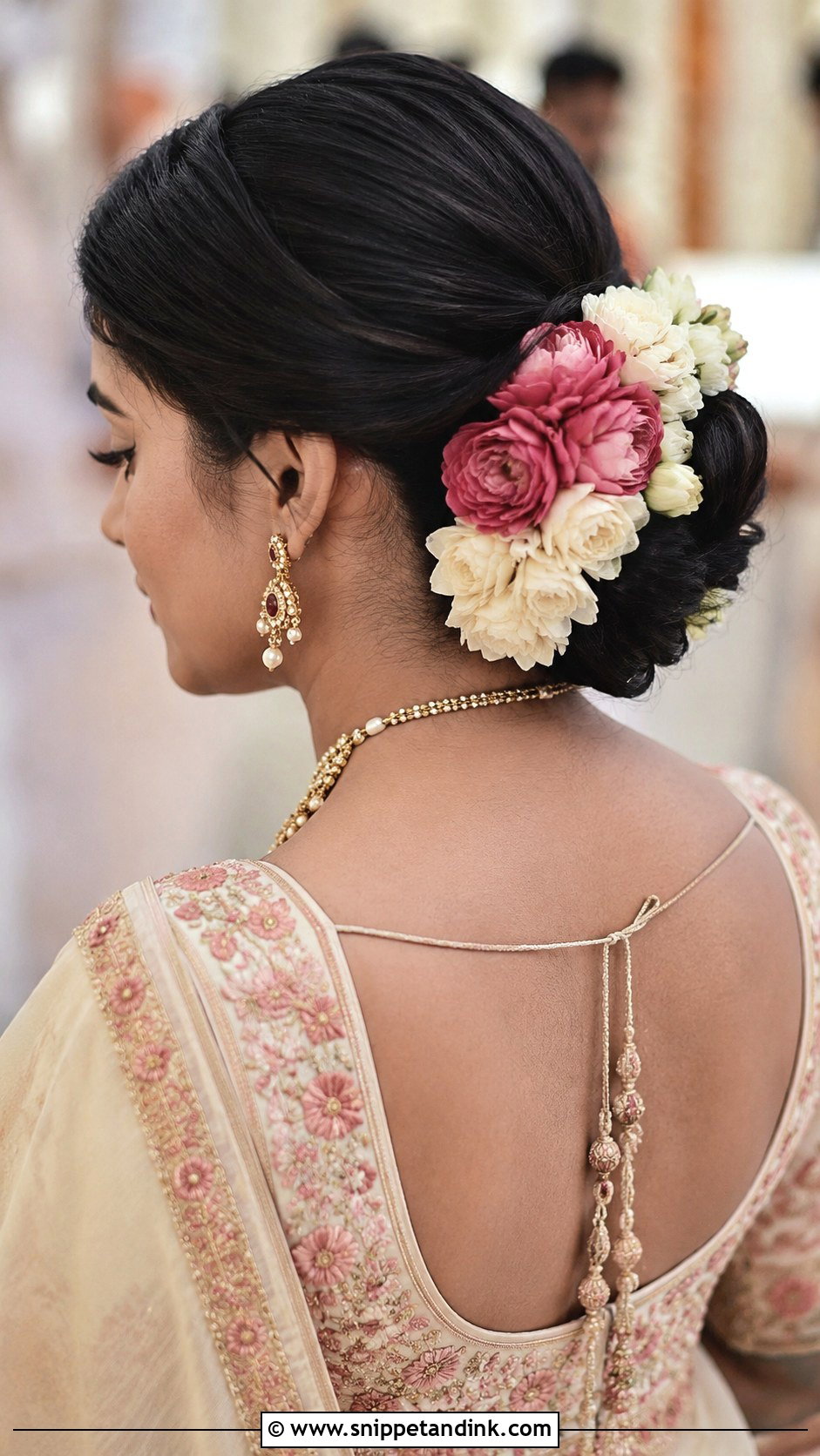 Low Bun With Layered Two Tone Flowers - Snippet and Ink - 25 Indian Wedding Bun Hairstyles