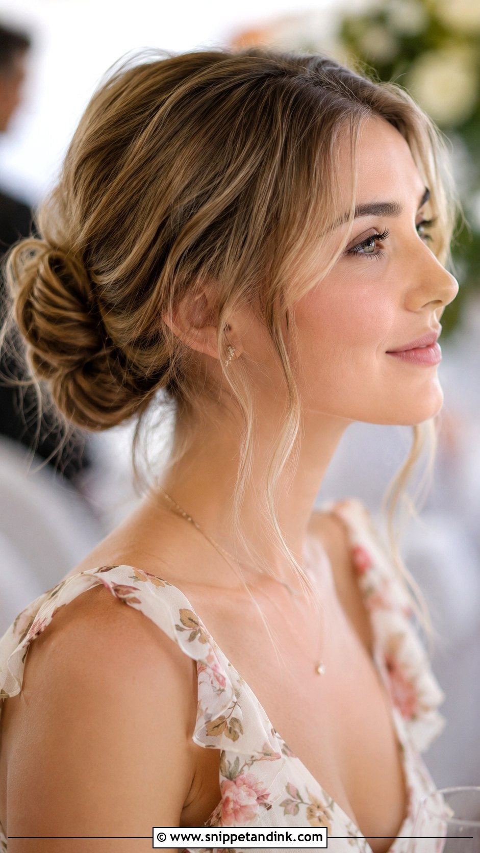 Low Bun With Loose Tendrils - Snippet and Ink - 30 Short Hair Wedding Guest Styles