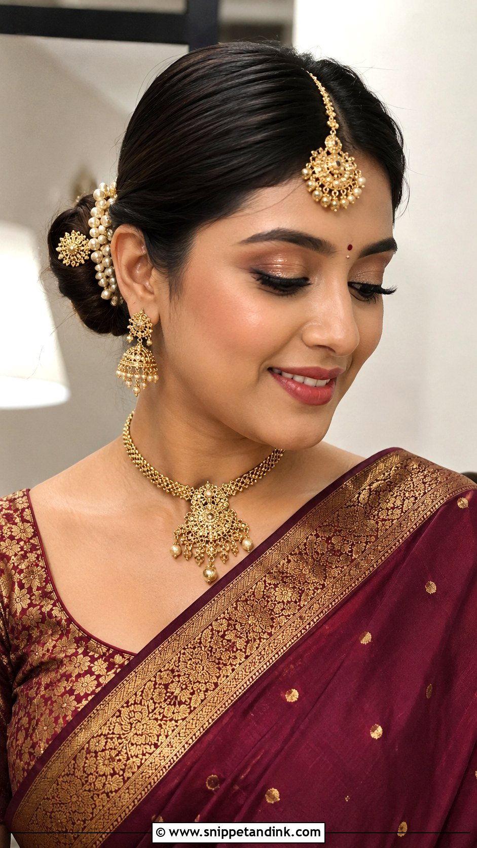 Low Bun With Maang Tikka - Snippet and Ink - 20 Indian Hairstyles for Marriage Function