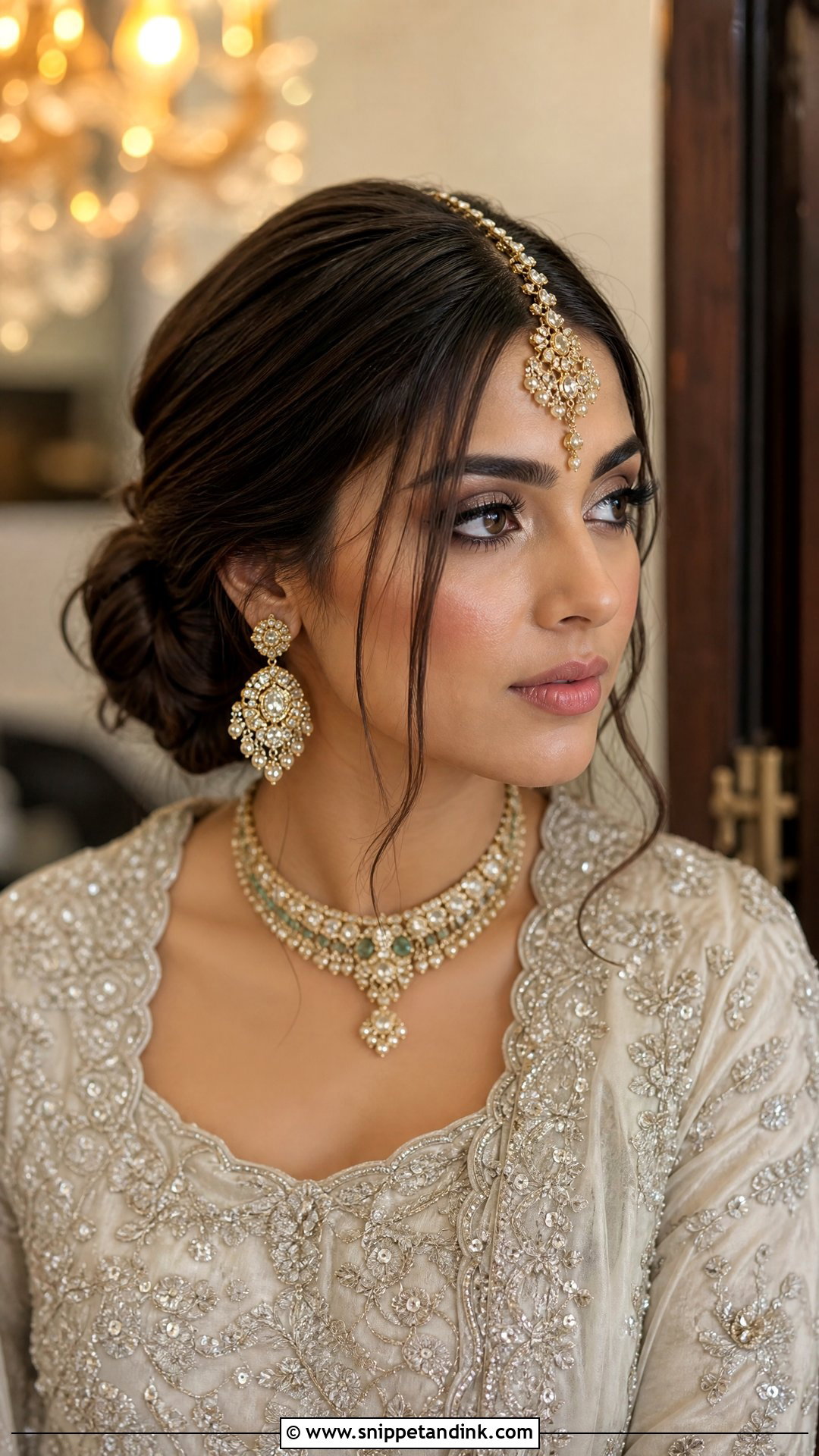 Low Bun With Maang Tikka - Snippet and Ink - 20 Walima Bridal Hairstyle Ideas