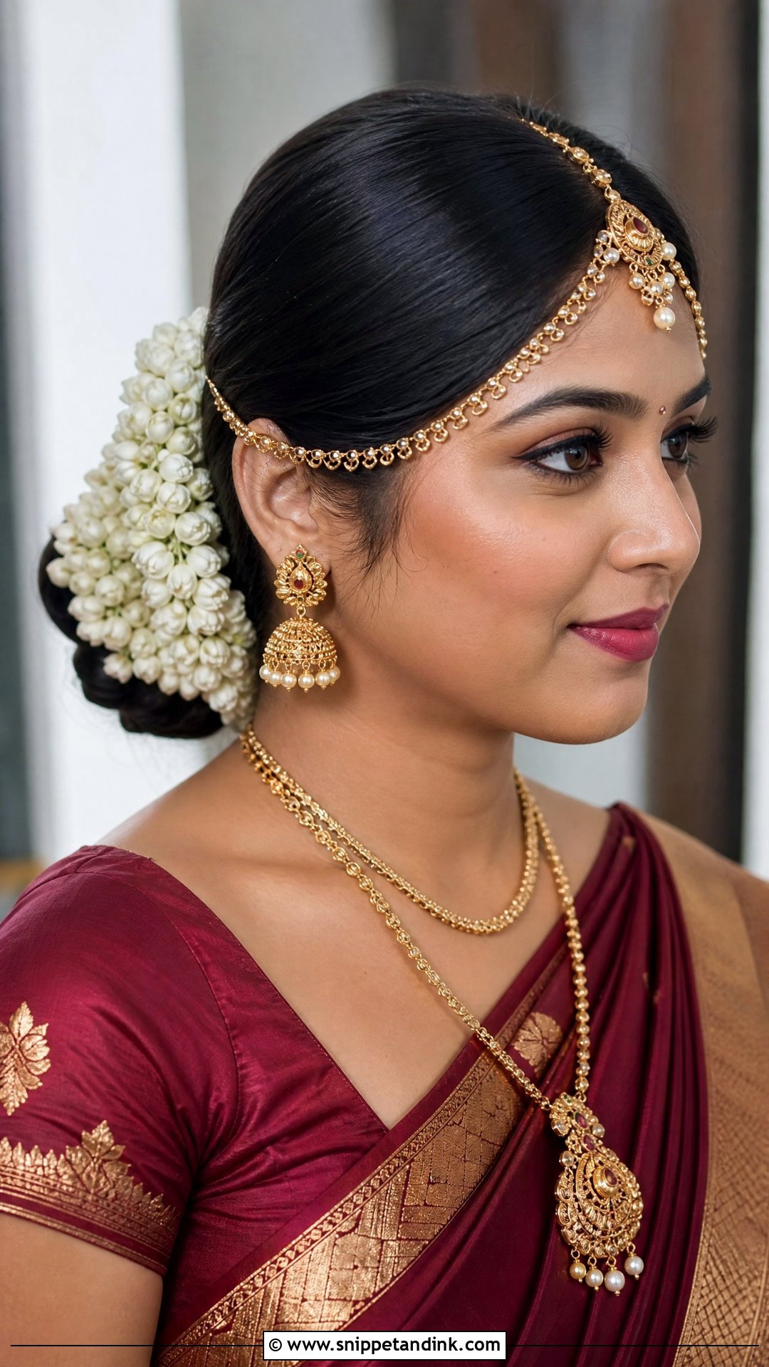 Low Bun With Matha Patti - Snippet and Ink - 20 South Indian Bridal Hair Ideas