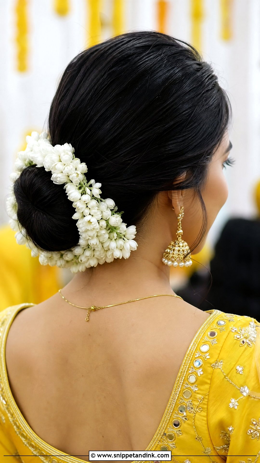 Low Bun With Mogra Gajra - Snippet and Ink - 20 Haldi Bridal Hairstyle Ideas