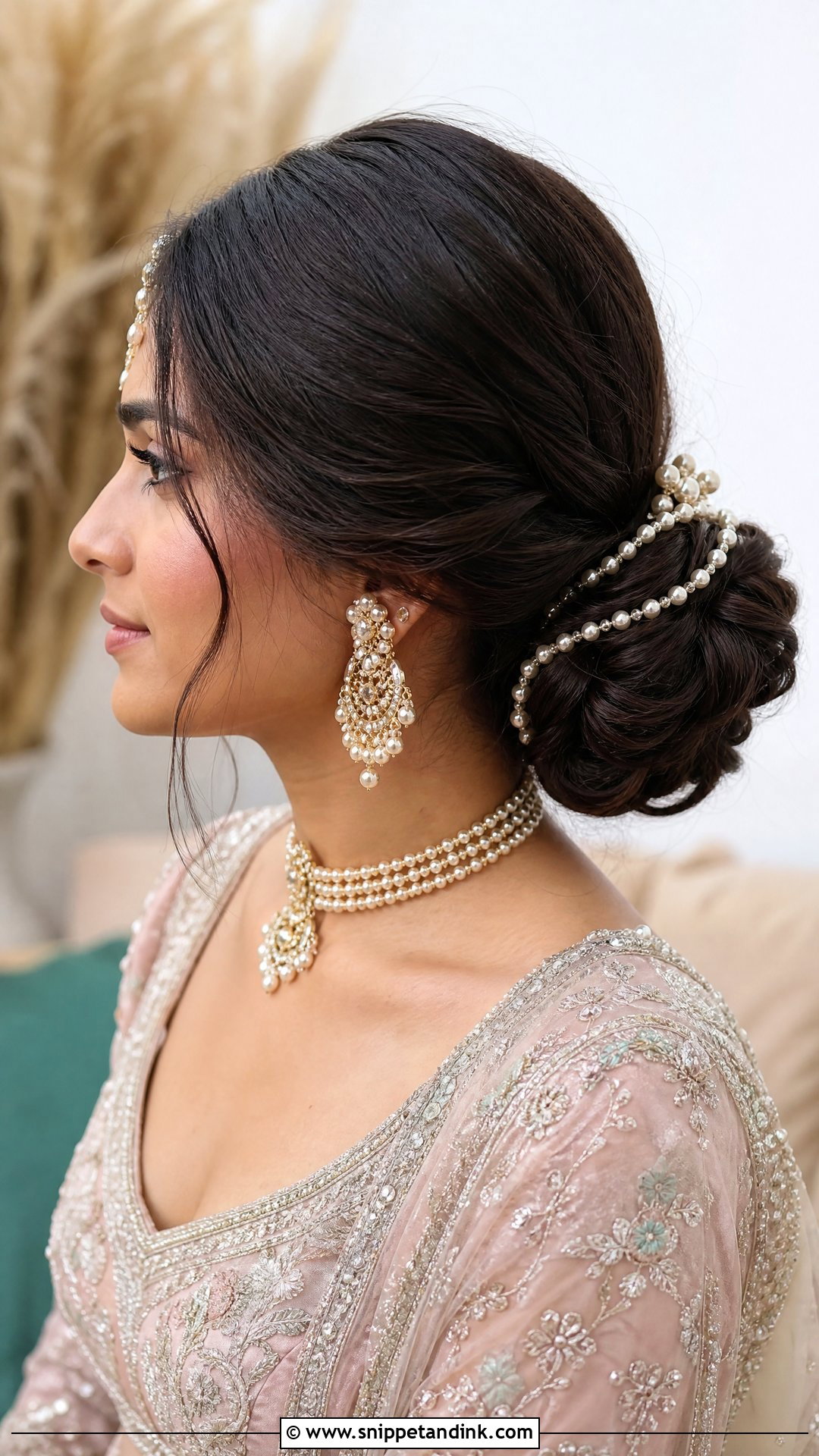 Low Bun With Pearl Accents - Snippet and Ink - 20 Desi Wedding Hairstyles for Long Hair