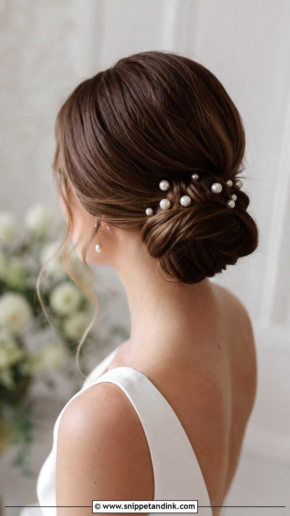 Low Bun With Pearl Accents - Snippet and Ink - 30 Low Updo Wedding Hair Ideas