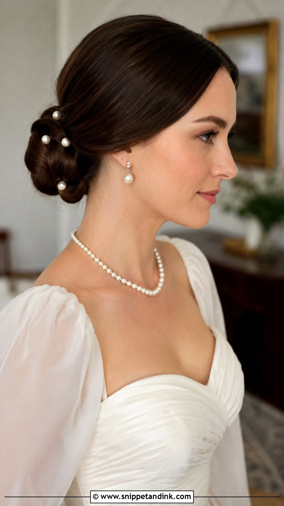 Low Bun With Pearl Accessories - Snippet and Ink - 35 Low Bun Wedding Hair Ideas