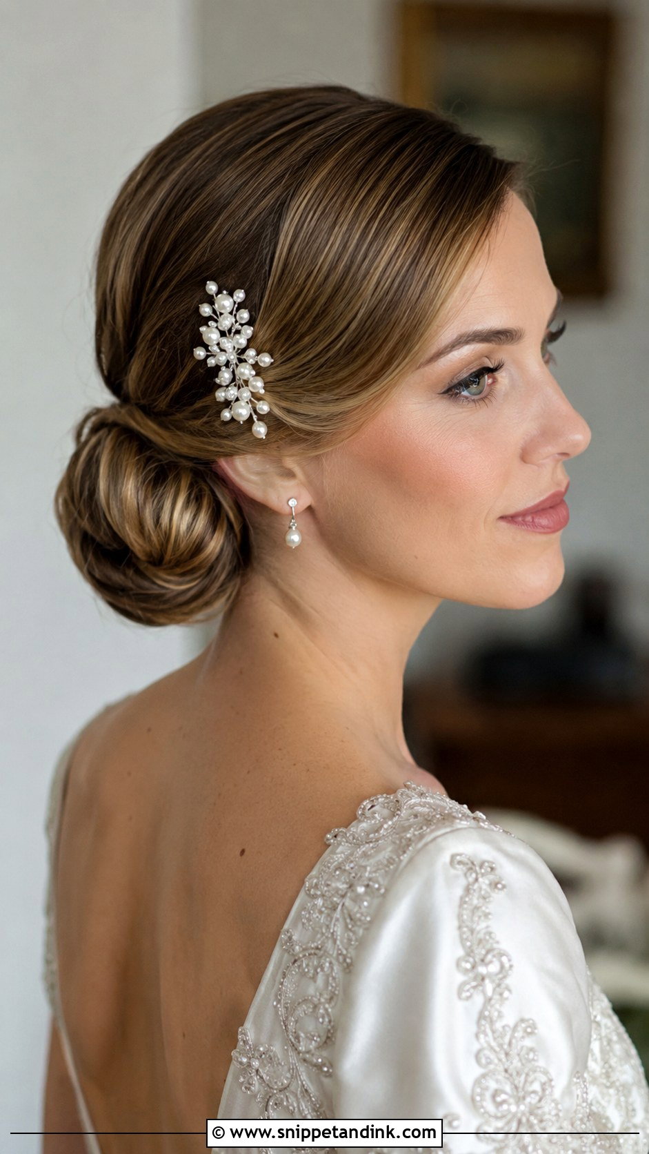 Low Bun With Pearl Comb - Snippet and Ink - 25 Low Bun Wedding Hair Front View Ideas