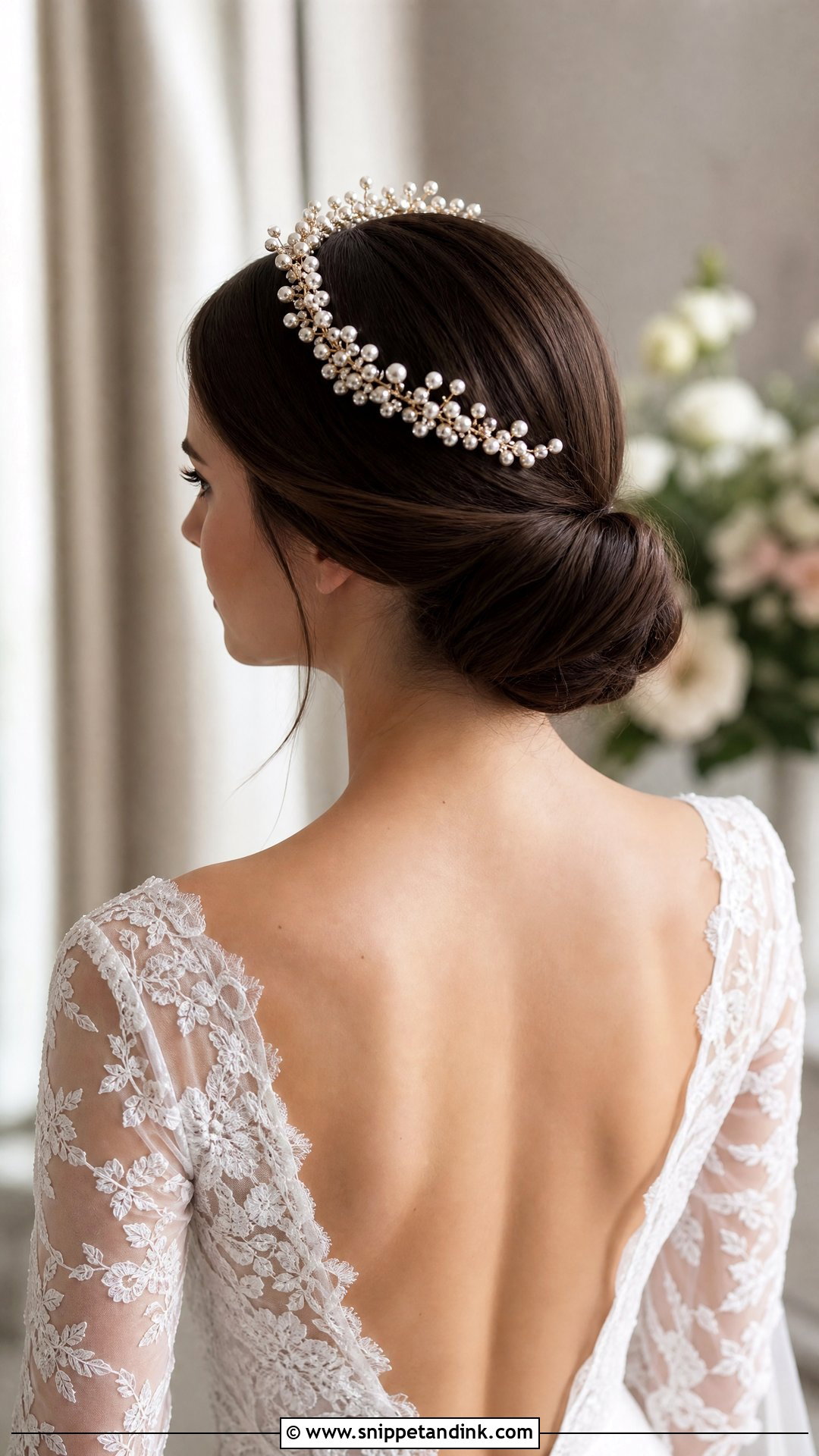 Low Bun With Pearl Crown - Snippet and Ink - 20 Christian Bride Hairstyle with Crown Ideas