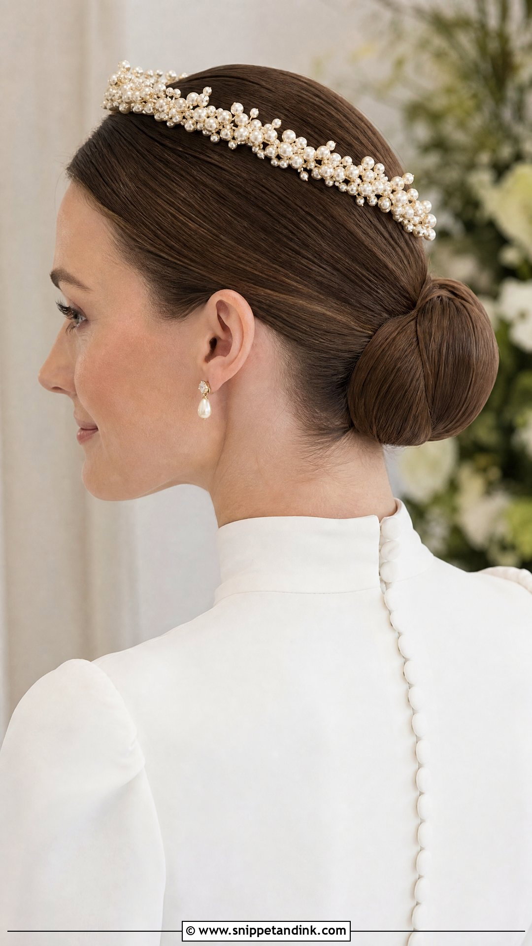 Low Bun With Pearl Crown - Snippet and Ink - 20 Bridal Crown Hairstyles