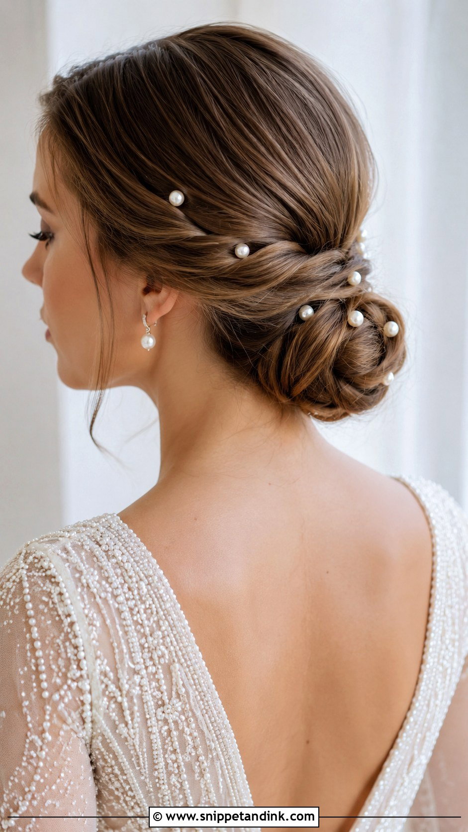 Low Bun With Pearl Hair Pins - Snippet and Ink - 25 Simple Low Bun Wedding Hair Ideas