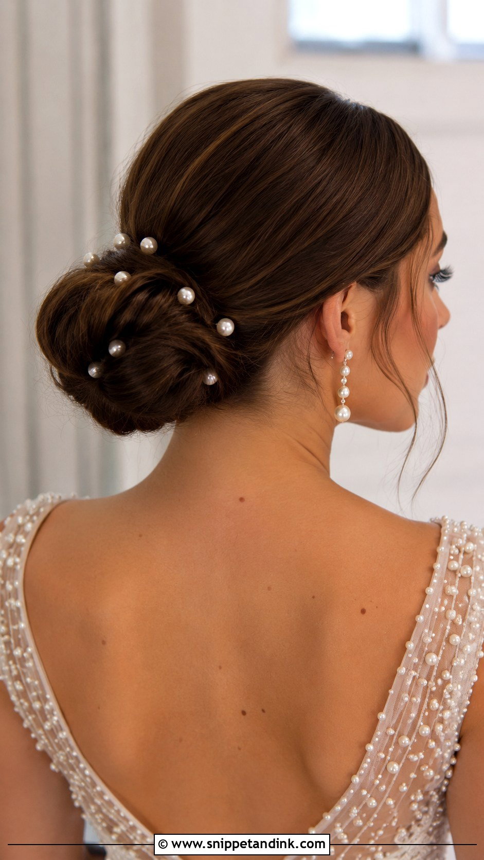 Low Bun With Pearl Hair Pins - Snippet and Ink - 20 Low Wedding Updo Ideas