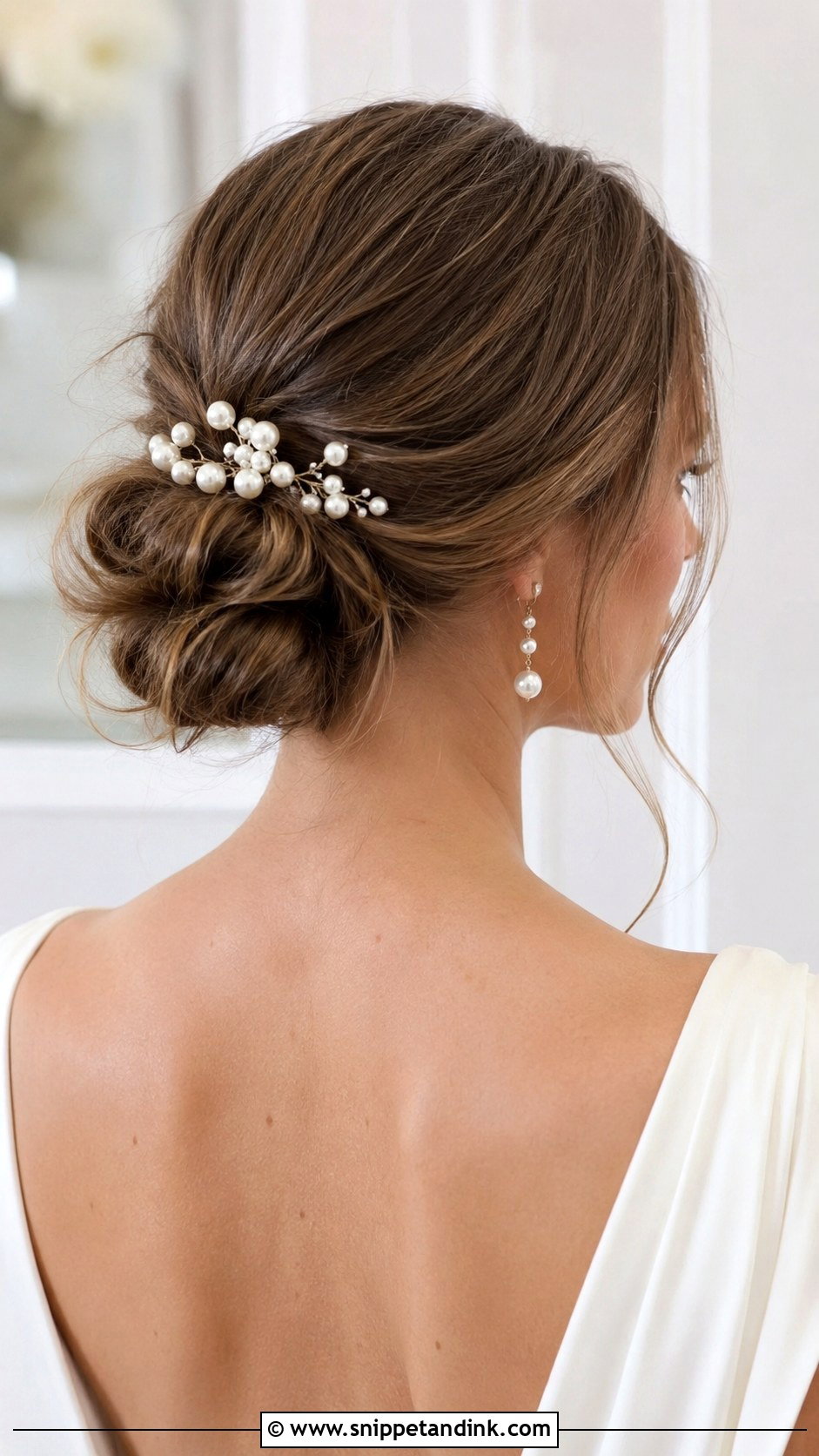 Low Bun With Pearl Hairpin Cluster - Snippet and Ink - 20 Bridal Hair Pearls Ideas