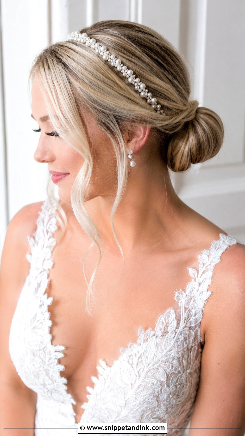 Low Bun With Pearl Headband - Snippet and Ink - 20 Bridal Updo with Headband Ideas
