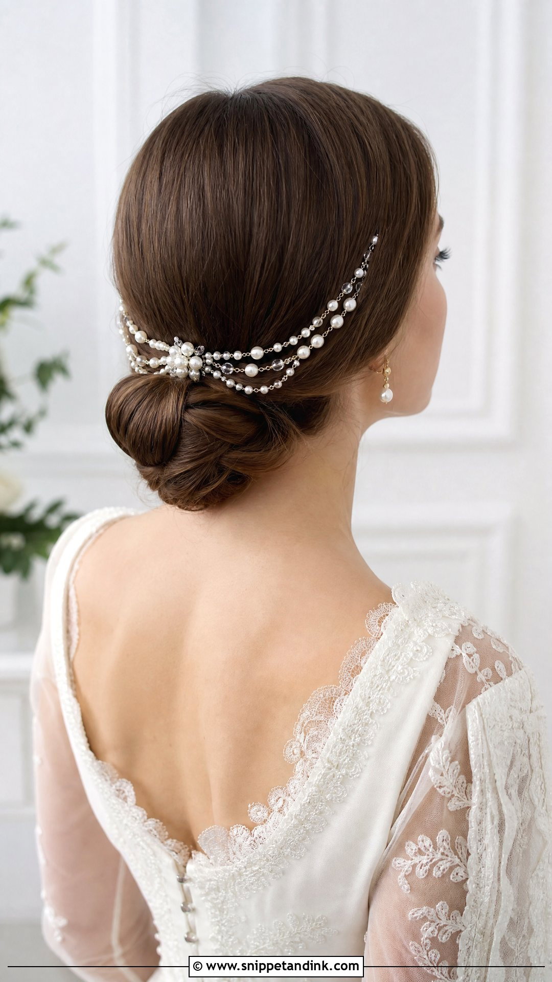 Low Bun With Pearl Headpiece - Snippet and Ink - 20 Sleek Low Bun Wedding Hair Ideas