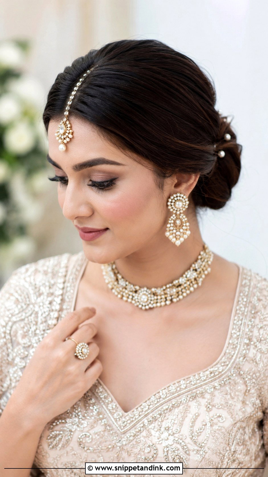Low Bun With Pearl Maang Tikka - Snippet and Ink - 30 Indian Bridal Dulhan Hairstyles