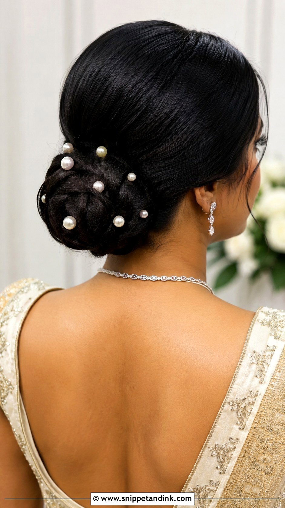 Low Bun With Pearl Pins - Snippet and Ink - 25 Indian Wedding Hairstyle for Short Hair Ideas