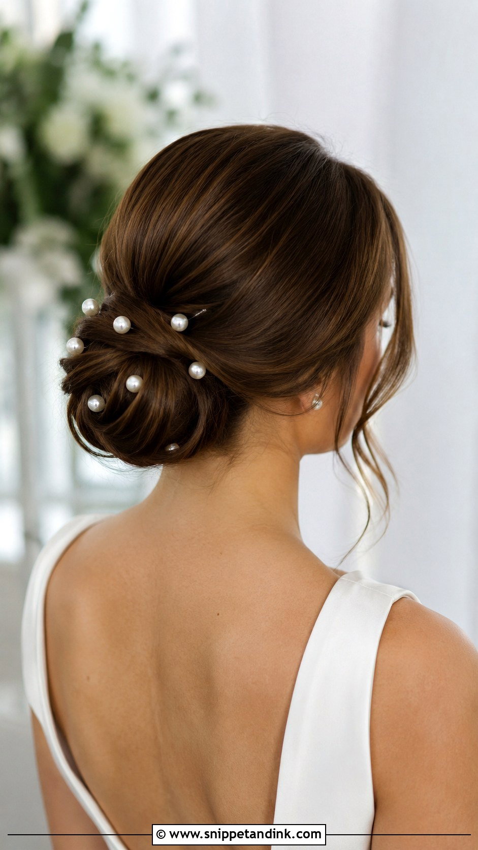 Low Bun With Pearl Pins - Snippet and Ink - 30 Hairstyles for Engagement Bride
