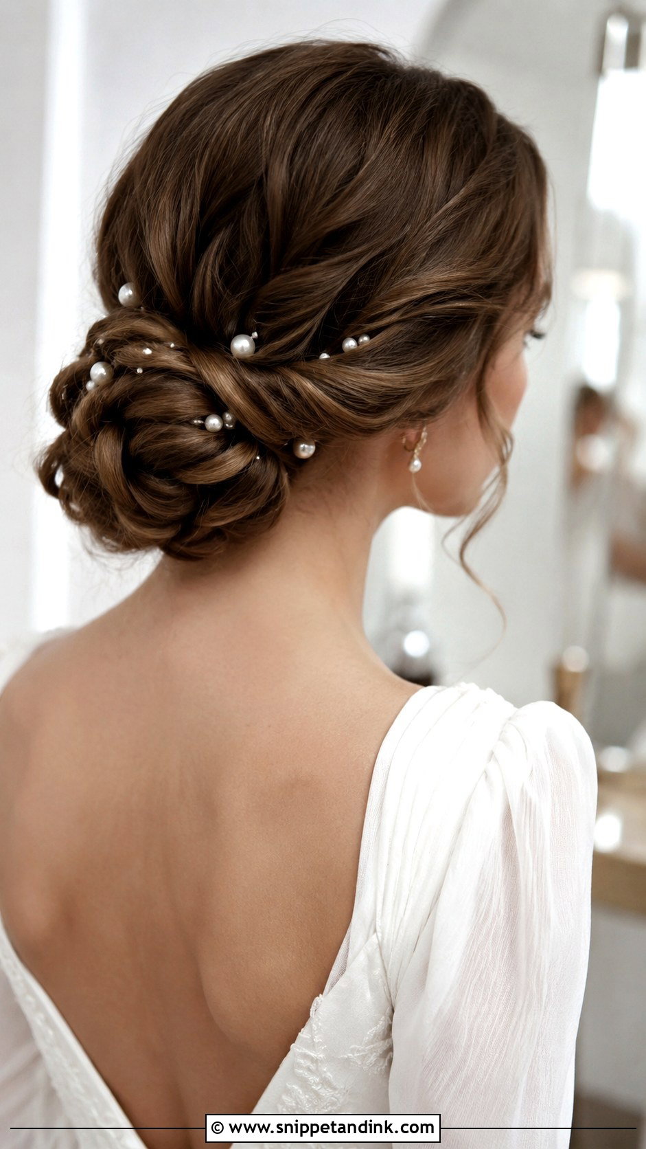 Low Bun With Pearl Pins - Snippet and Ink - 30 Low Bun Bridal Hair Ideas