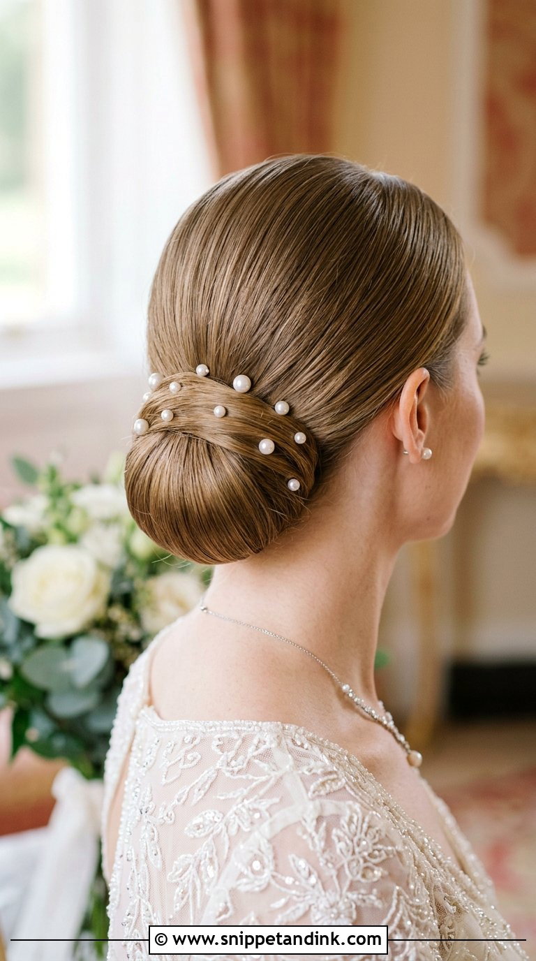 Low Bun With Pearl Pins - Snippet and Ink - 20 Bride Low Bun Hairstyles