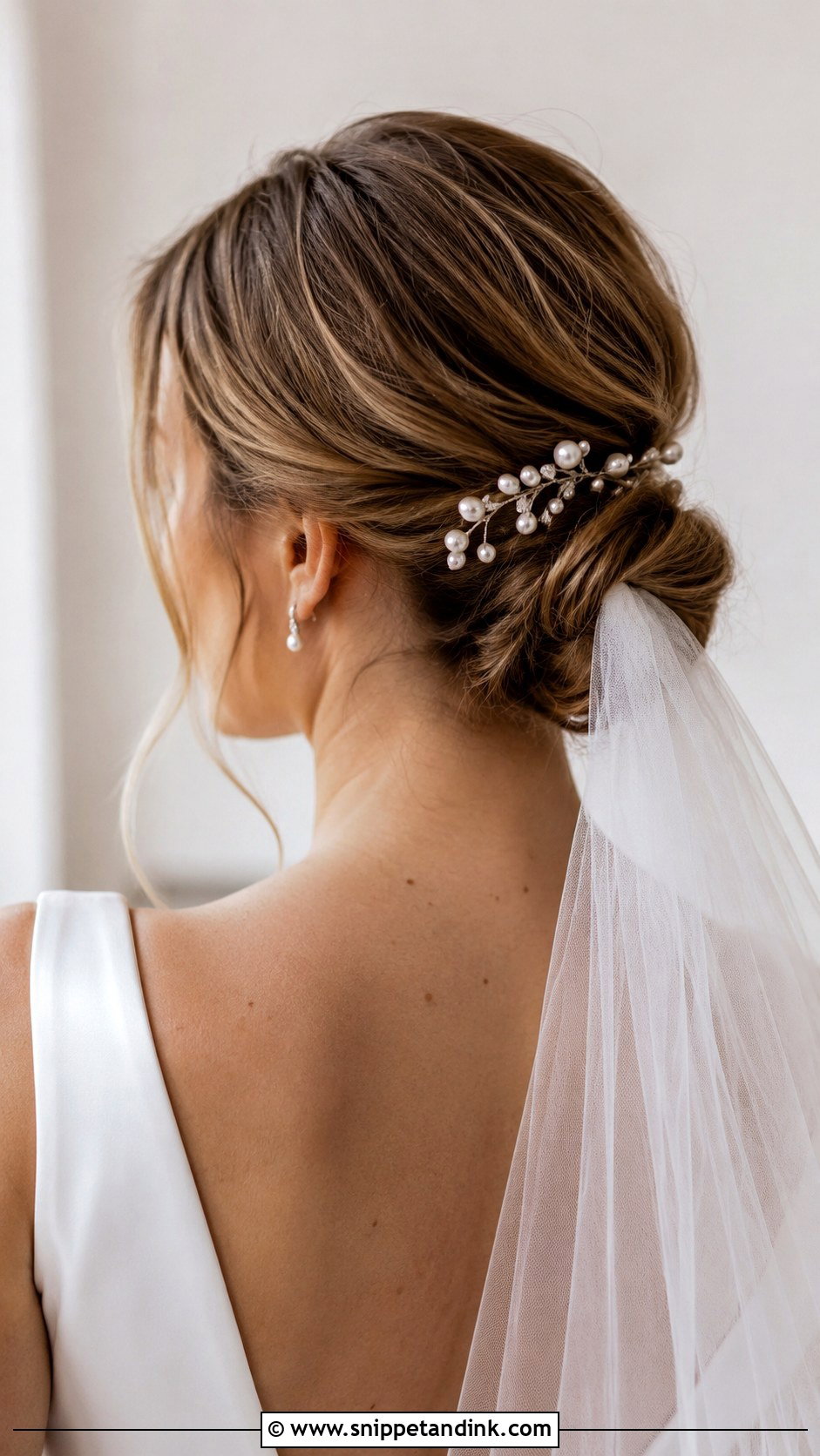 Low Bun With Pearl Pins - Snippet and Ink - 20 Low Loose Bun Wedding Ideas
