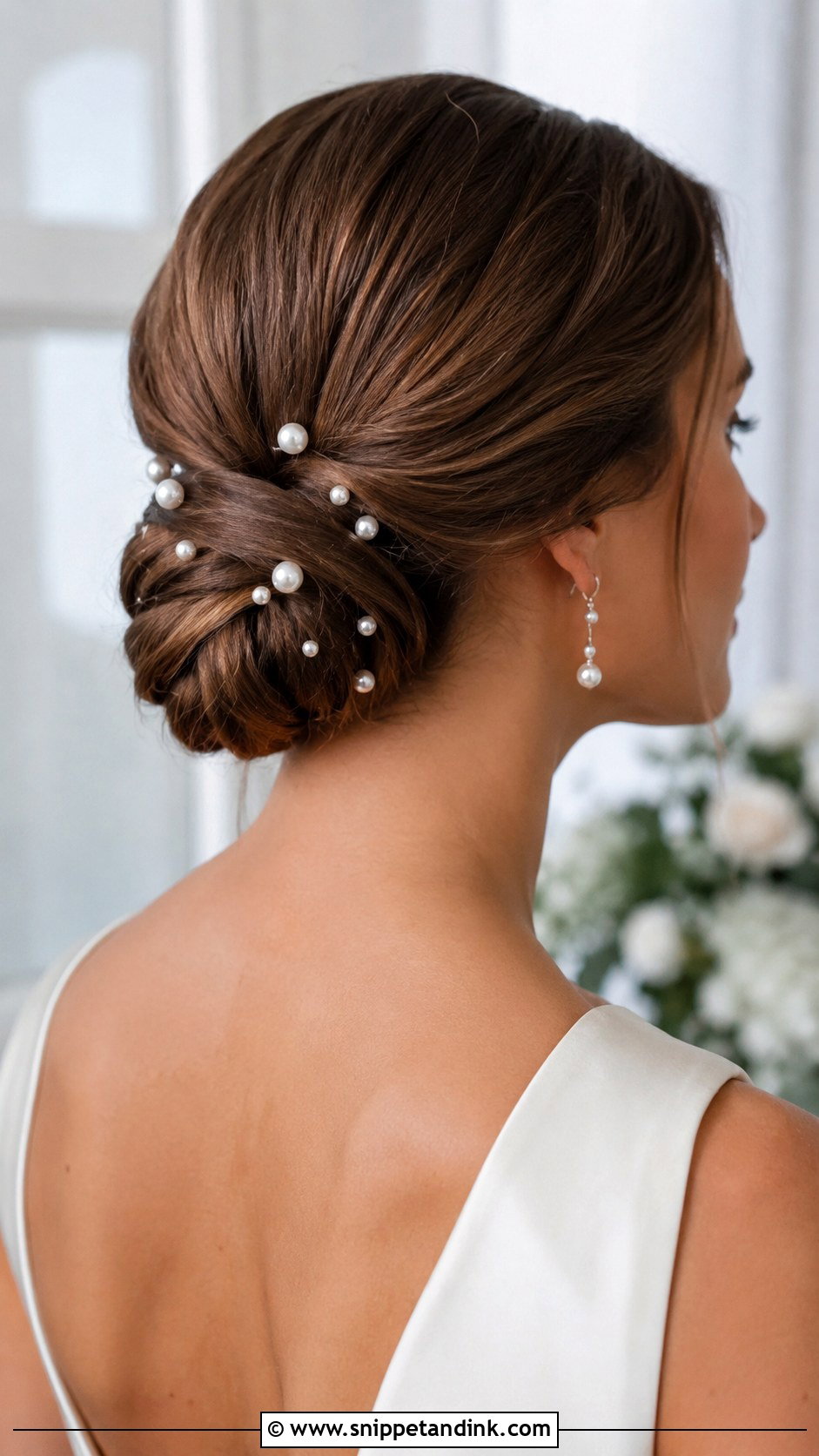 Low Bun With Pearl Pins - Snippet and Ink - 20 Low Up Do Wedding Hair Ideas