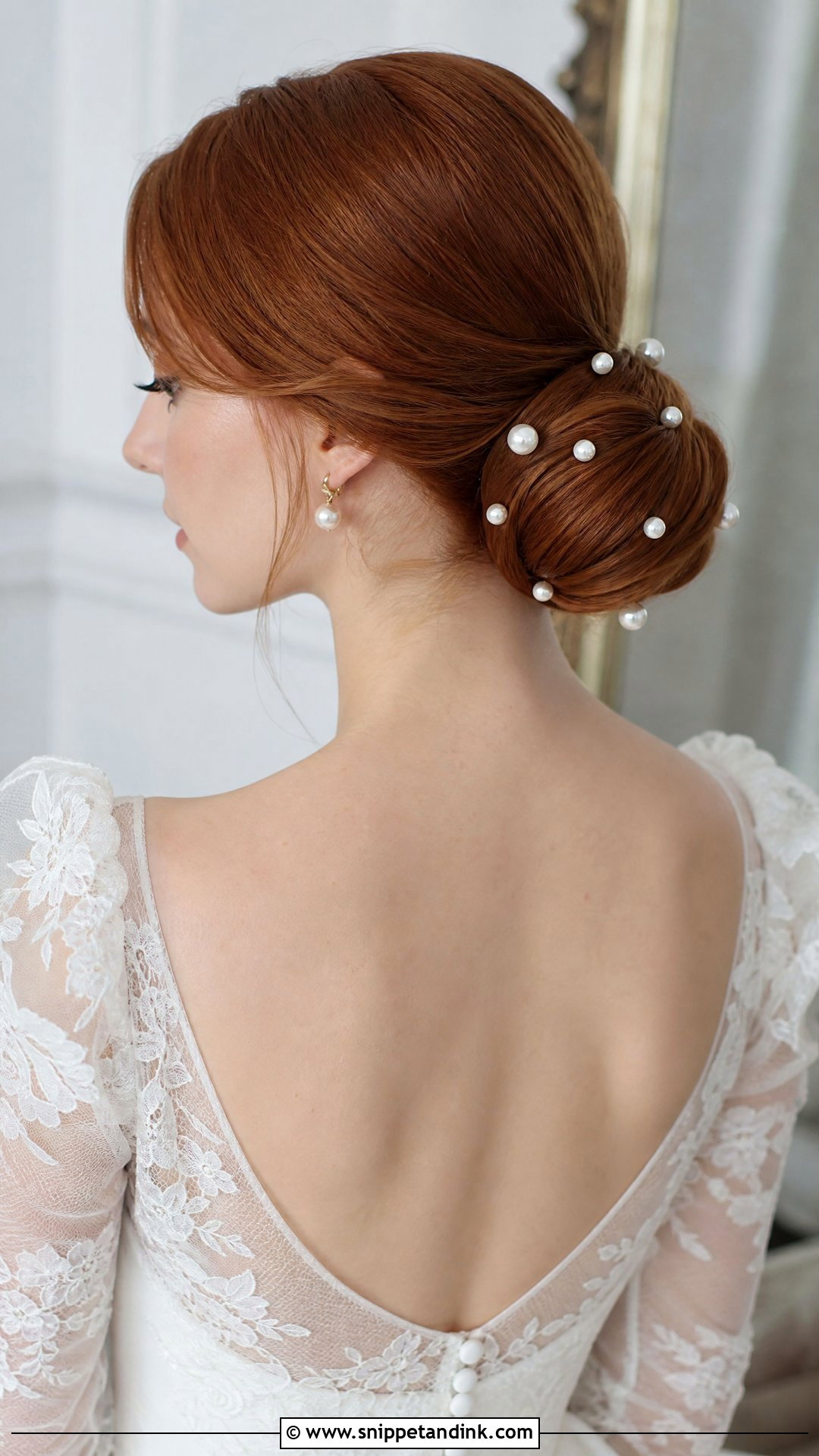 Low Bun With Pearl Pins - Snippet and Ink - 20 Sleek Low Bun Wedding Hair Ideas