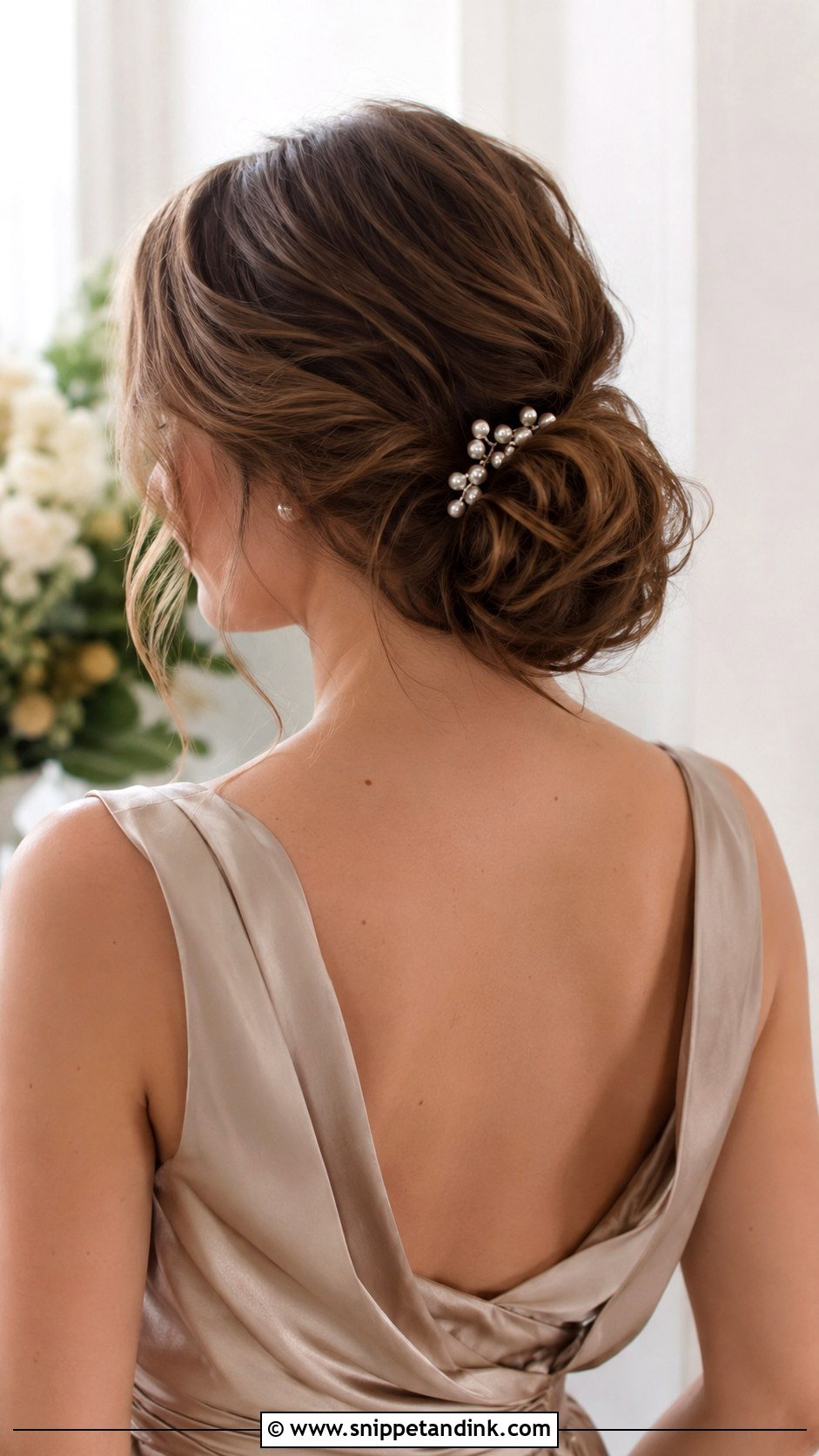 Low Bun With Pearl Pins Bridesmaid Hair - Snippet and Ink - 20 Low Updo Wedding Hair Bridesmaid Ideas