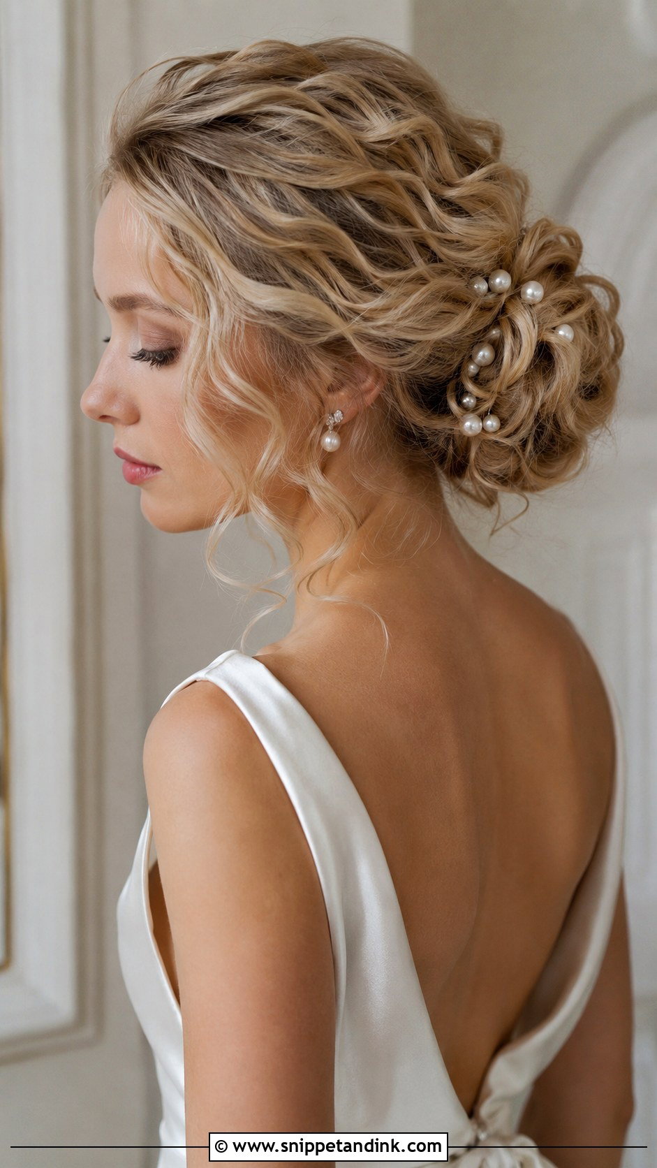 Low Bun With Pearls and Curls - Snippet and Ink - 35 Bun Hairstyles for Wedding