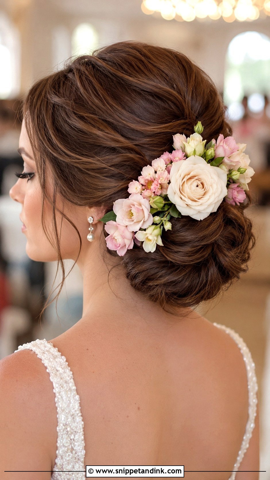 Low Bun With Pink and Cream Flowers - Snippet and Ink - 25 Bridal Hair Flowers