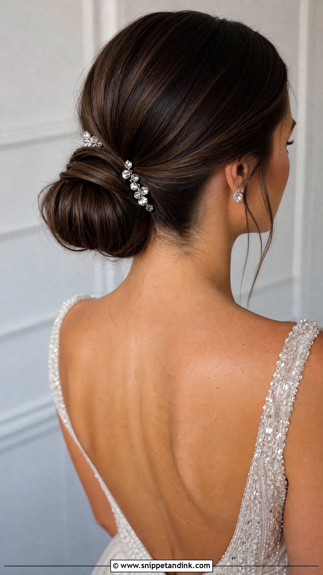 Low Bun With Rhinestone Pins - Snippet and Ink - 20 Sleek Low Bun Wedding Hair Ideas