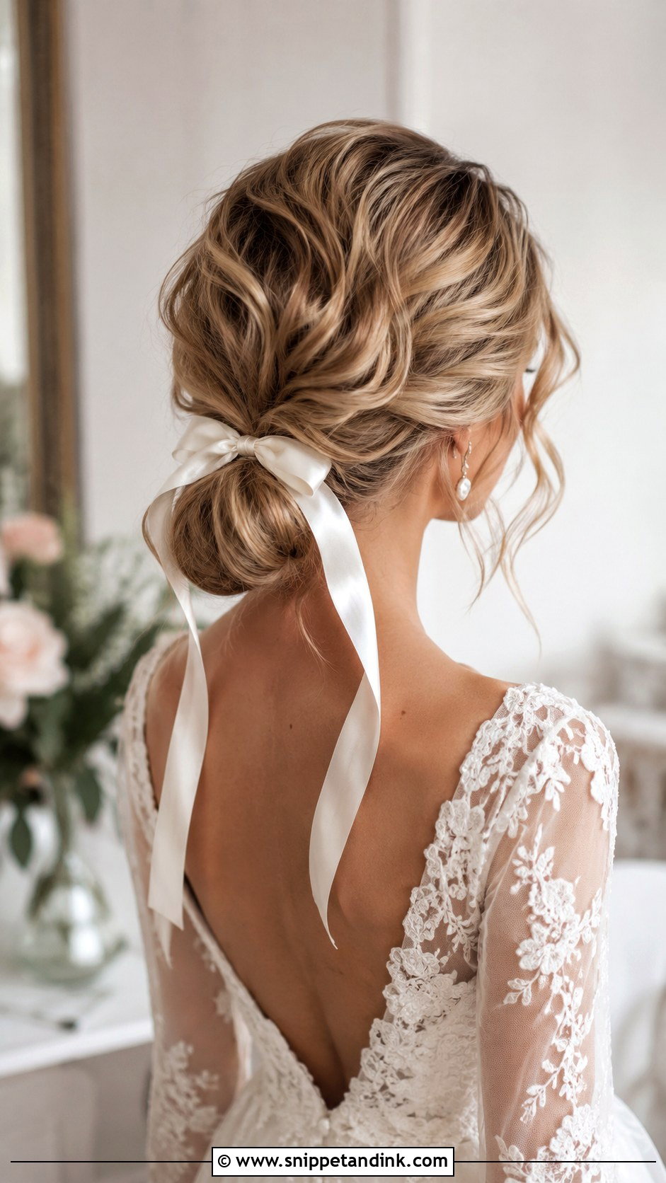 Low Bun With Ribbon - Snippet and Ink - 25 Low Bun Wedding Hair Front View Ideas