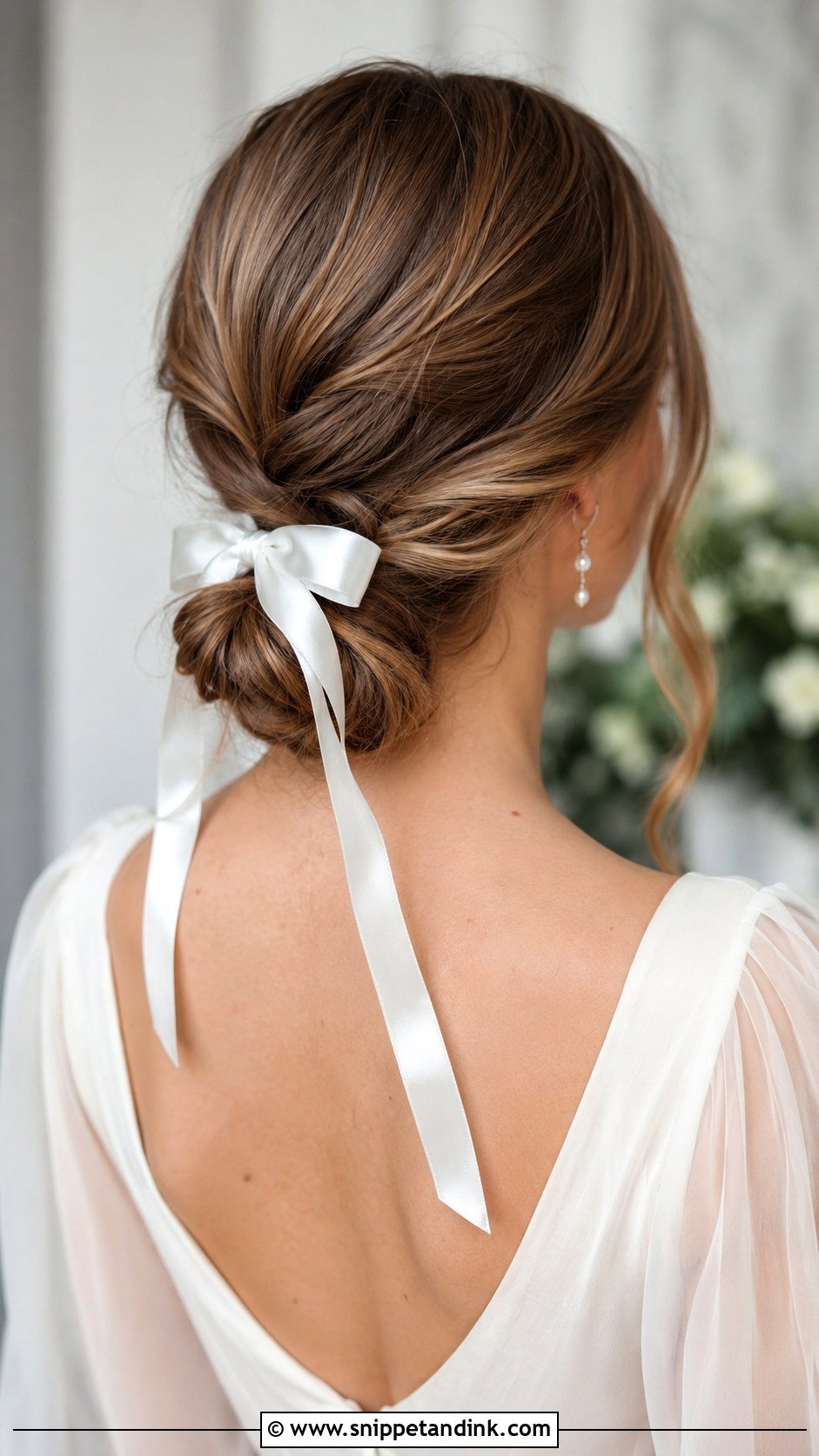 Low Bun With Ribbon Accent - Snippet and Ink - 30 Low Updo Wedding Hair Ideas