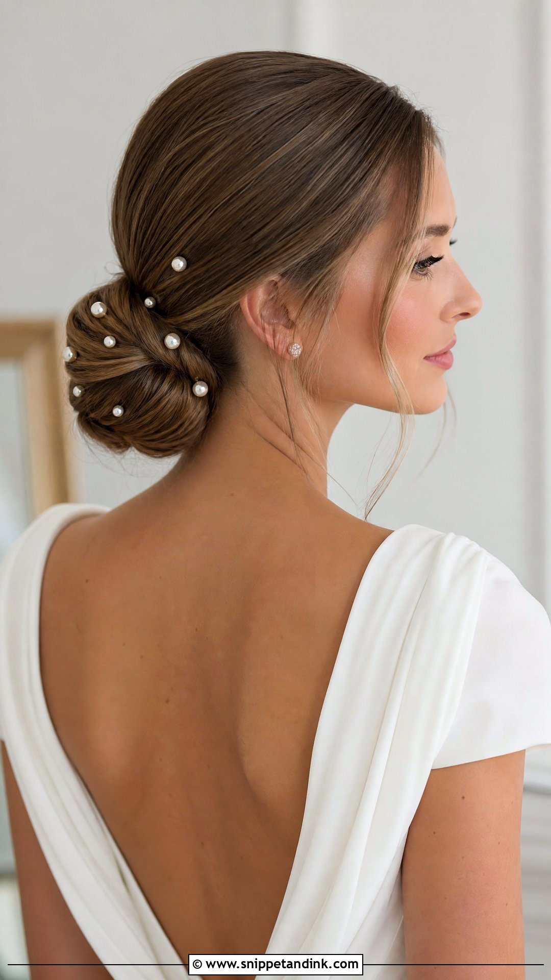 Low Bun With Scattered Pearls - Snippet and Ink - 20 Wedding Hair with Pearls Ideas