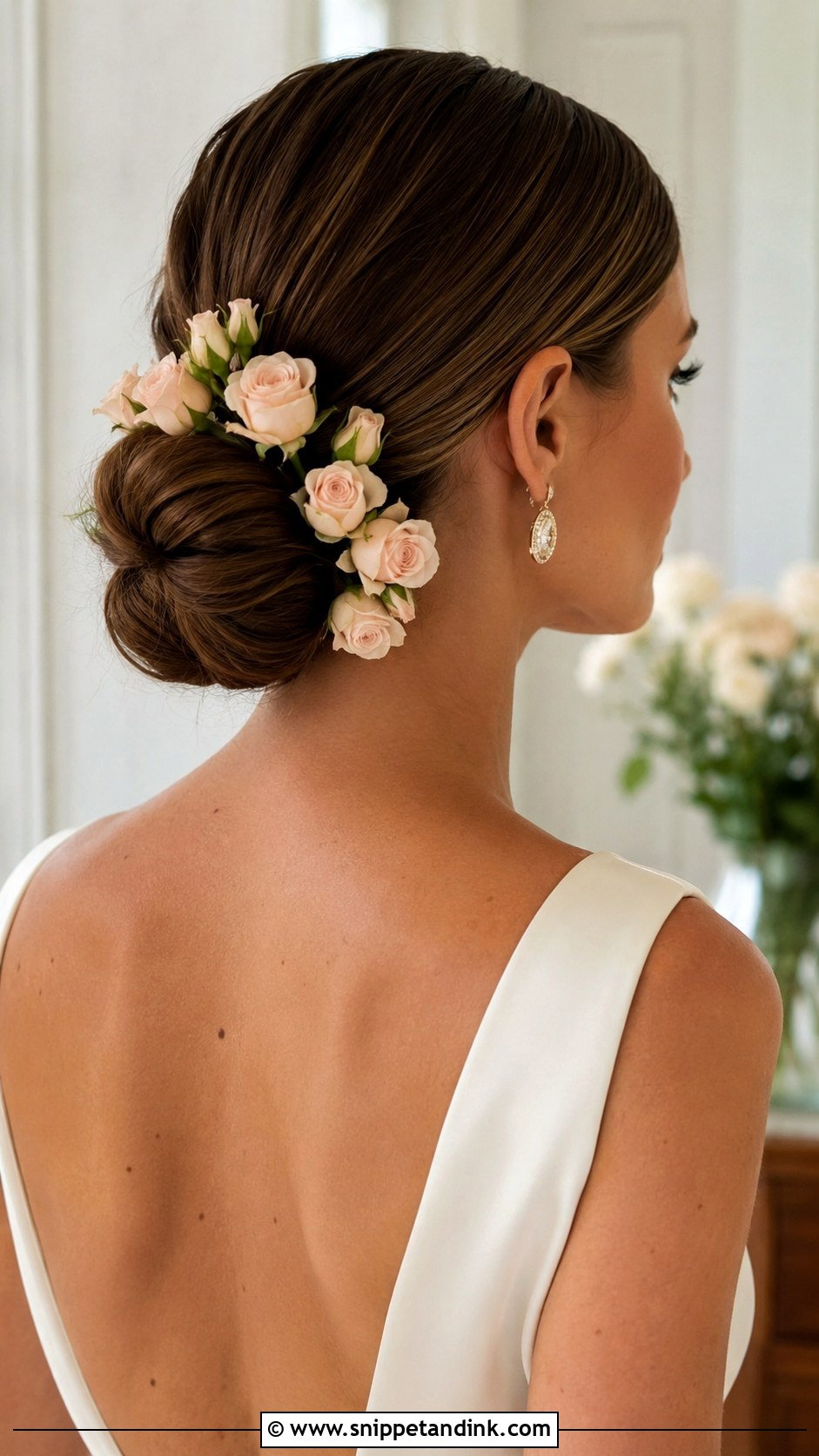 Low Bun With Scattered Roses - Snippet and Ink - 25 Wedding Hair with Flowers
