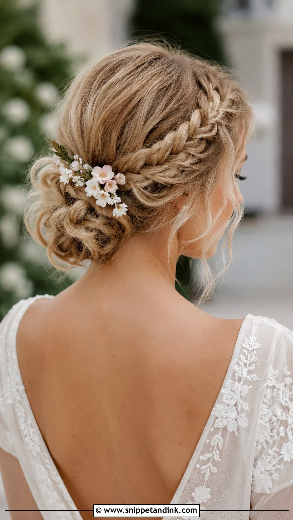 Low Bun With Side Braid - Snippet and Ink - 30 Low Updo Wedding Hair Ideas