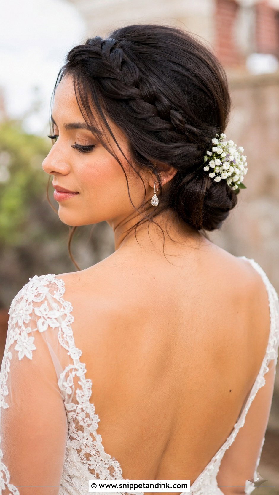 Low Bun With Side Braid - Snippet and Ink - 20 Brunette Bride Hairstyles