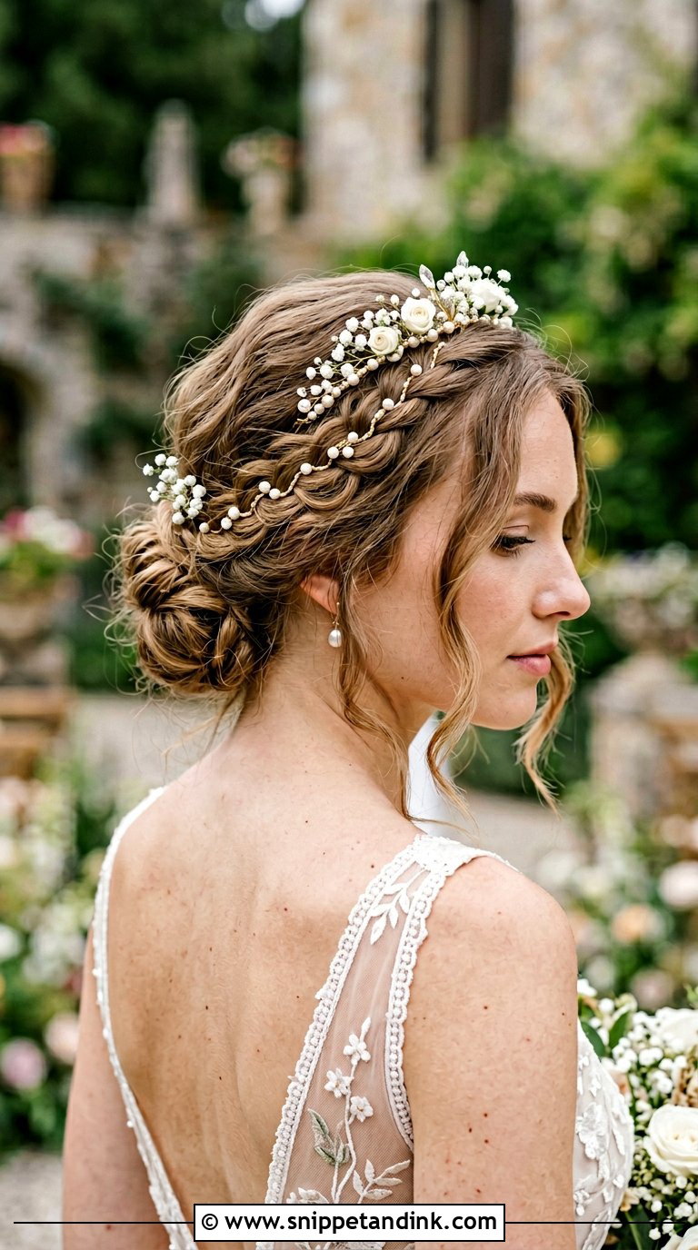 Low Bun With Side Braid and Crown - Snippet and Ink - 20 Bride Hairstyles with Crown