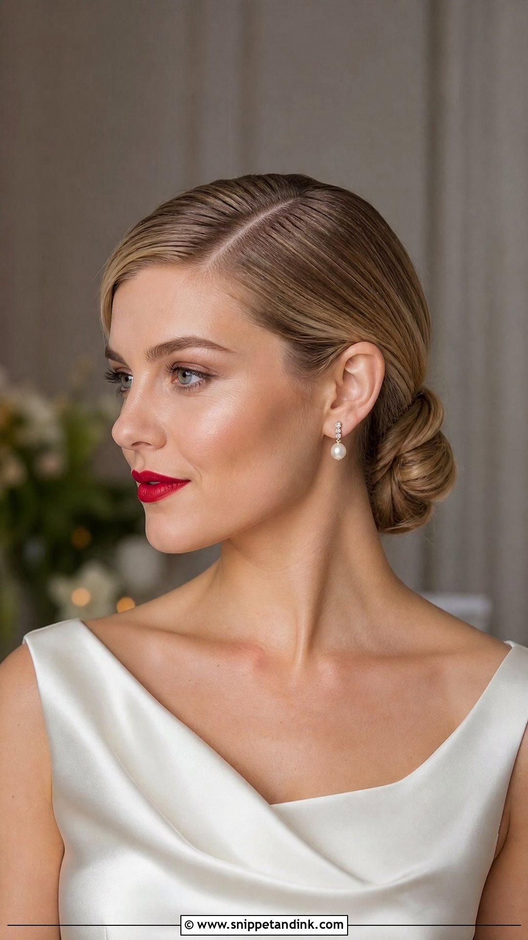 Low Bun With Side Part - Snippet and Ink - 20 Sleek Low Bun Wedding Hair Ideas